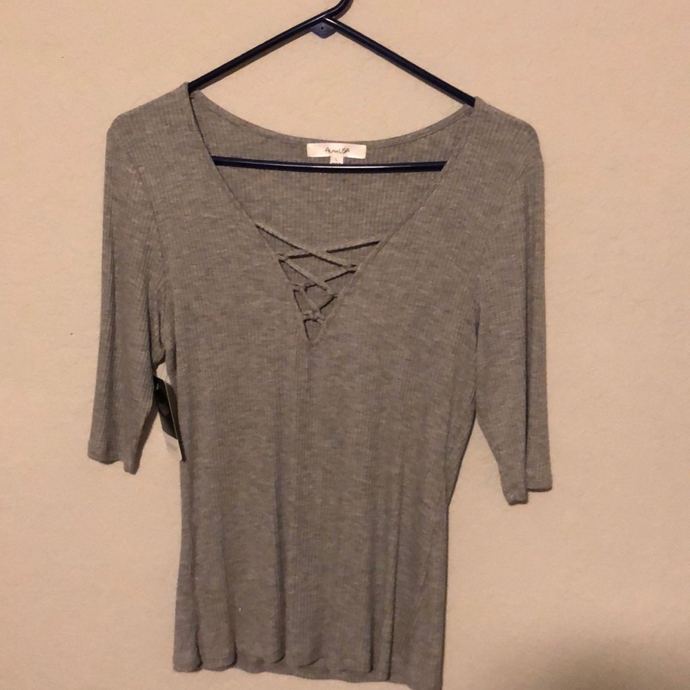 Grey Lace Up Top